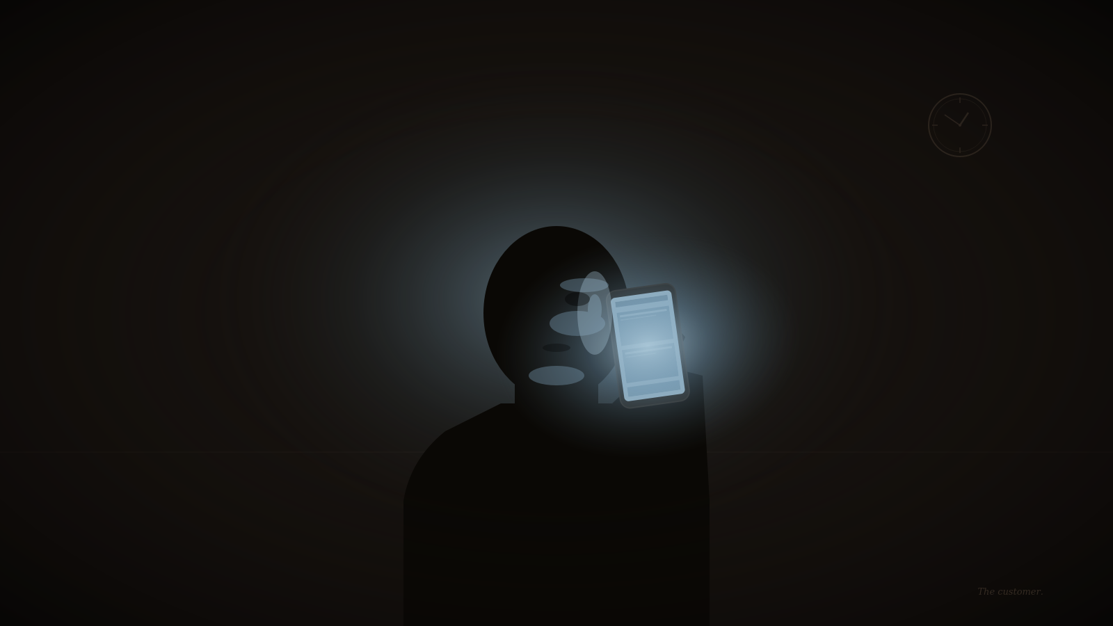 A male silhouette in a dark room, lit only by the cold glow of a phone screen held close to the face. A small clock in the corner shows it is roughly two in the morning.